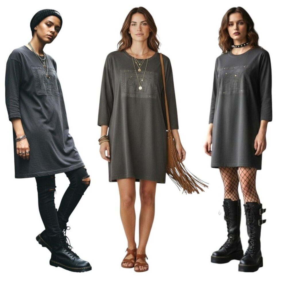 VTG Awesome Wear‎ T-Shirt Mini Dress Embossed Elephant Graphic Black Grunge OS